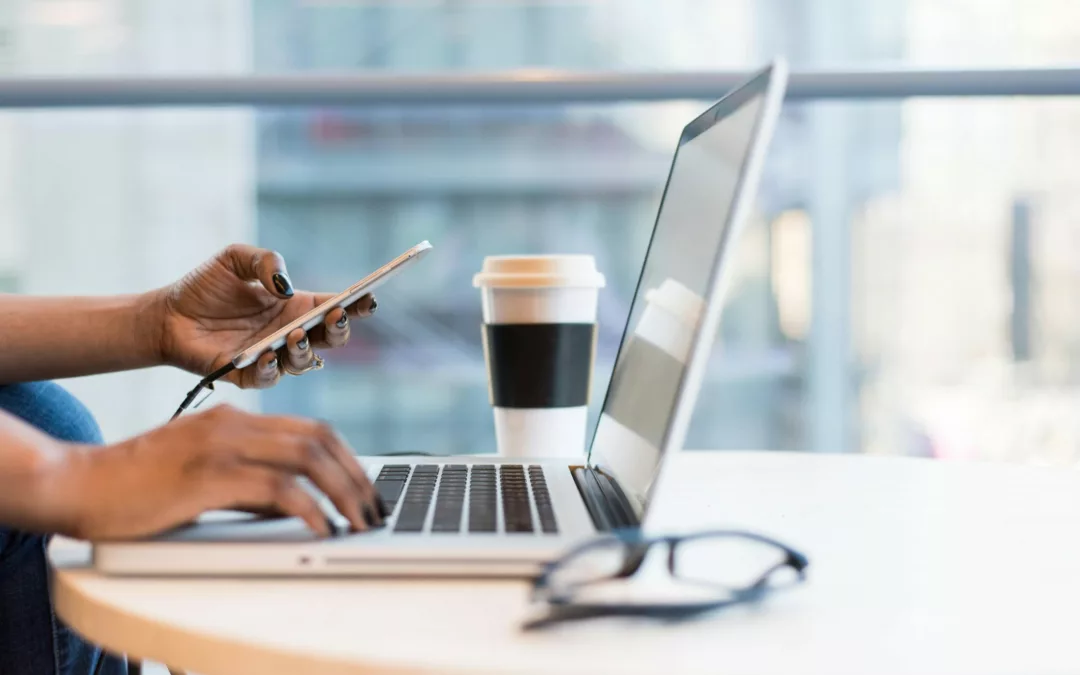 Free laptop on table top stock photo